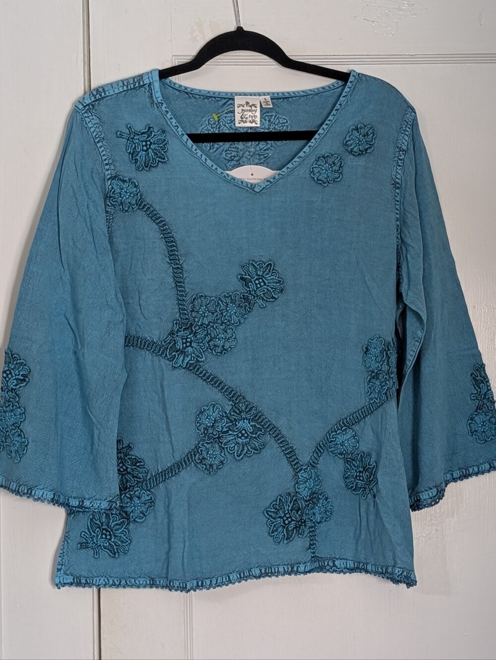 Parsley & Sage Blue Embroidered Blue Blouse Women's L Rayon Boho Cottagecore NWT